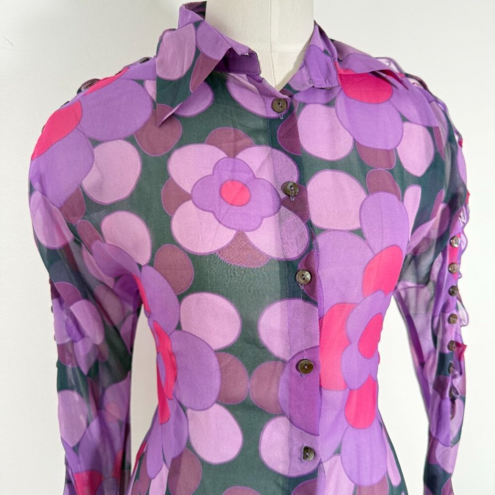 Women's Sheer Geometric Floral Purple Button Down Shop Maximalist Y2K 90s XS - Picture 2 of 10